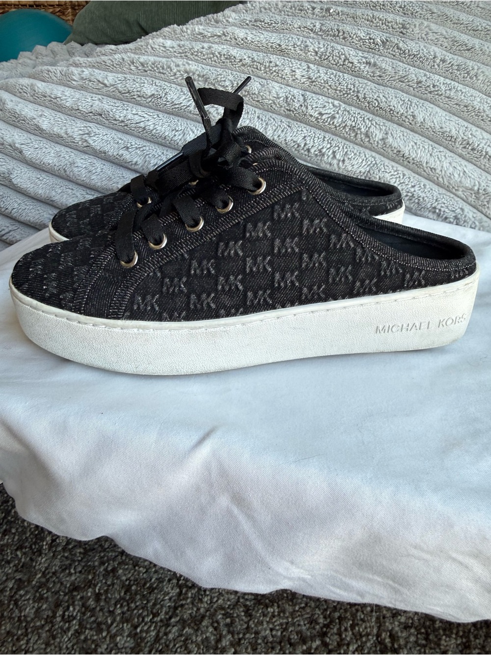 Michael Kors Black MK Logo Poppy Slip-On Slide Mule Sneakers Embossed Denim